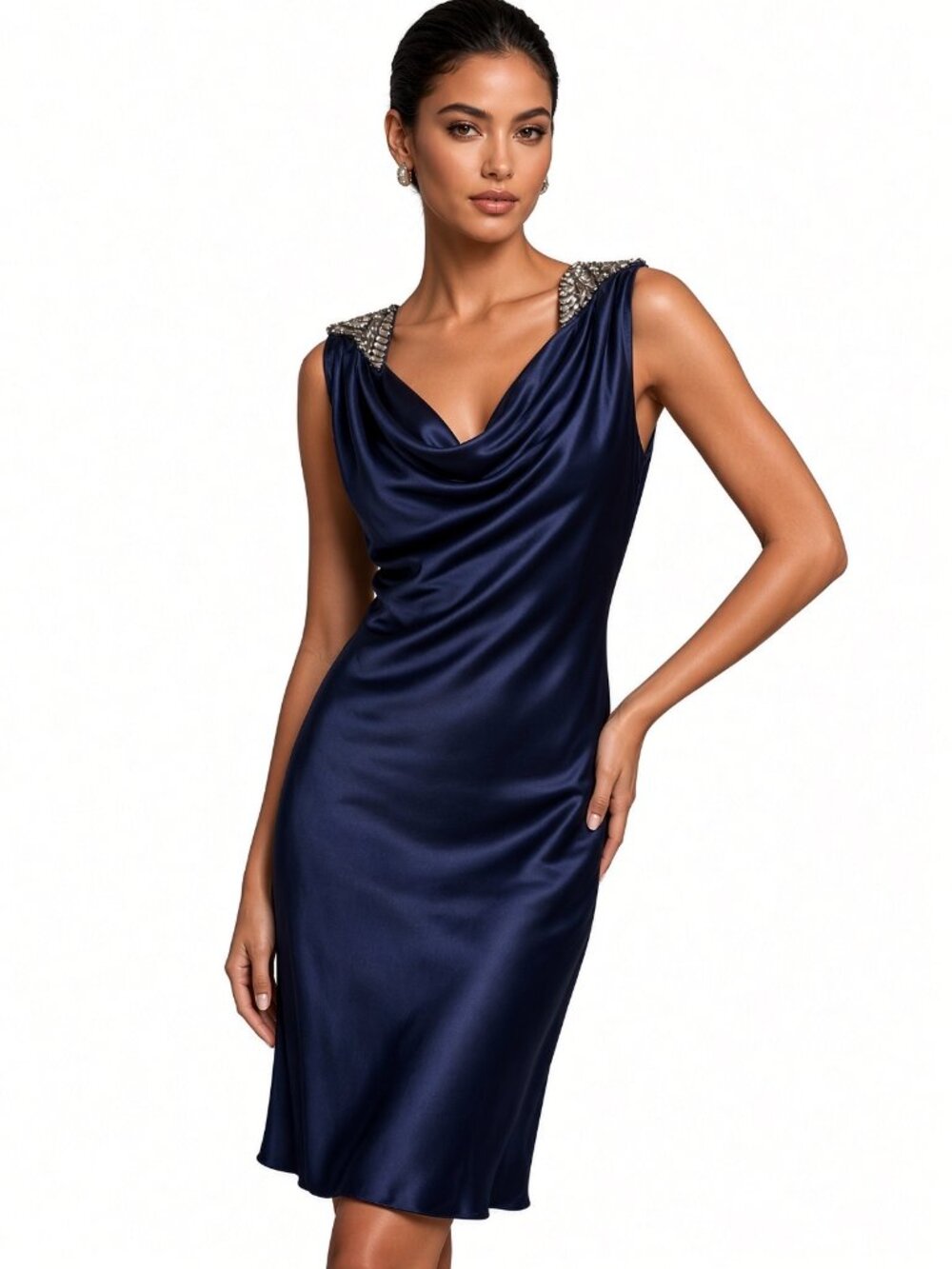 Adam Lippes Cowl-neck Cocktail Silk satin Midi Drape Dress Navy Blue Crystals